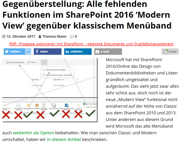 SharePoint360 – Gegenüberstellung: Alle fehlenden Funktionen im SharePoint 2016 ‘Modern View’ gegenüber klassischem Menüband
