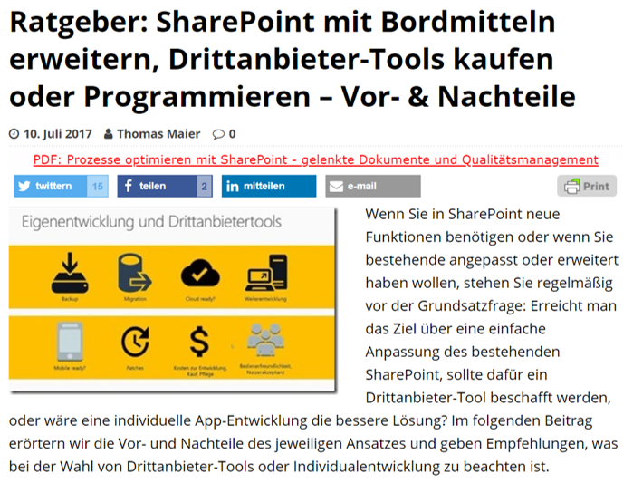 SharePoint360 – Ratgeber: SharePoint mit Bordmitteln erweitern, Drittanbieter-Tools kaufen oder Programmieren – Vor- & Nachteile