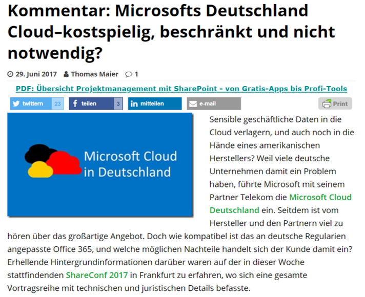 SharePoint360 – Kommentar: Microsofts Deutschland Cloud–kostspielig, beschränkt und nicht notwendig?