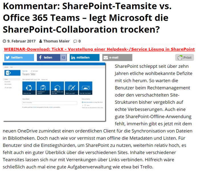 SharePoint360 – Kommentar: SharePoint-Teamsite vs. Office 365 Teams – legt Microsoft die SharePoint-Collaboration trocken?