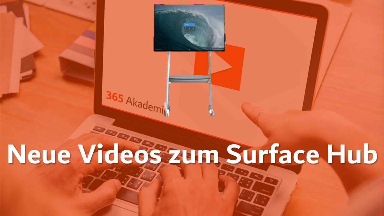 Neue Videos zum Surface Hub Logo der 365 Akademie mit einem Surface Hub und dem Titel "Neue Videos zum Surface Hub"